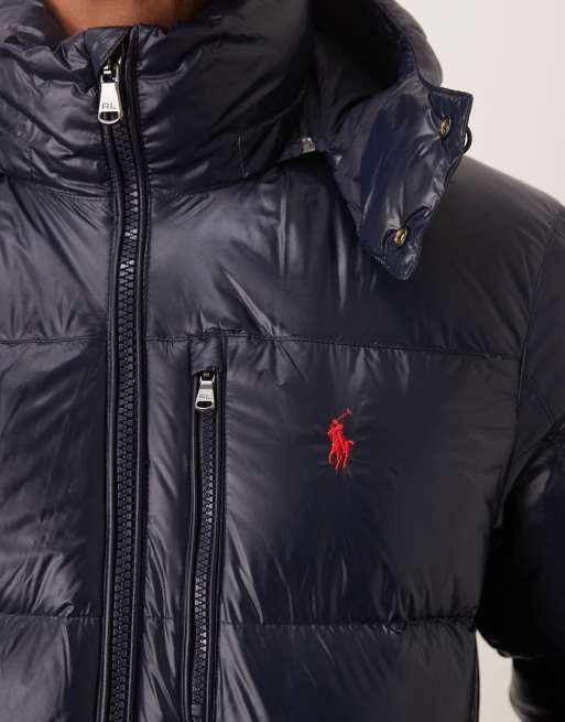 Polo Ralph Lauren Gorham icon logo high shine insulated down puffer jacket in navy, 5 of 5