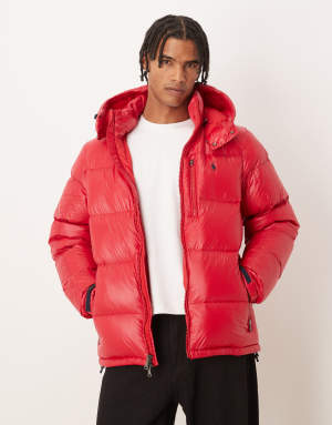 Polo Ralph Lauren Gorham icon logo high shine insulated down puffer jacket in red