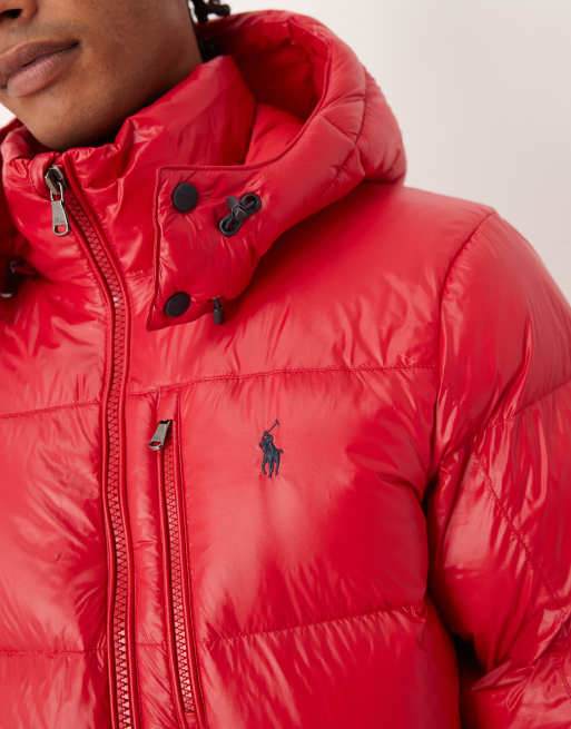 Polo Ralph Lauren Gorham icon logo high shine insulated down puffer jacket in red, 5 of 5