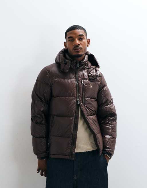 Polo Ralph Lauren Gorham icon logo insulated down puffer jacket in shiny brown, 2 of 5
