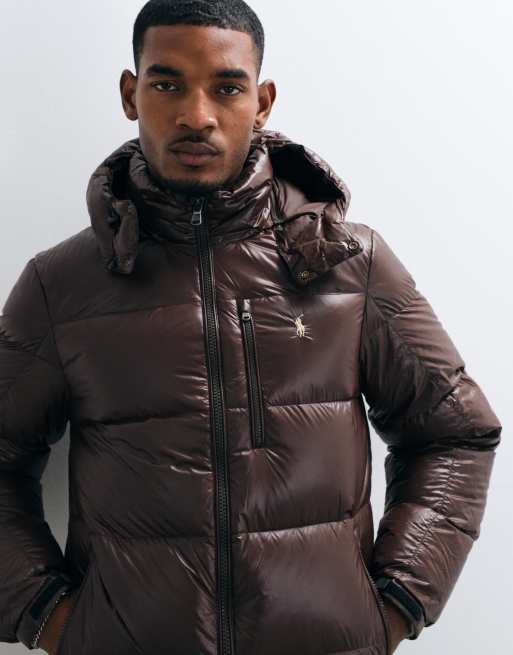 Polo Ralph Lauren Gorham icon logo insulated down puffer jacket in shiny brown, 4 of 5