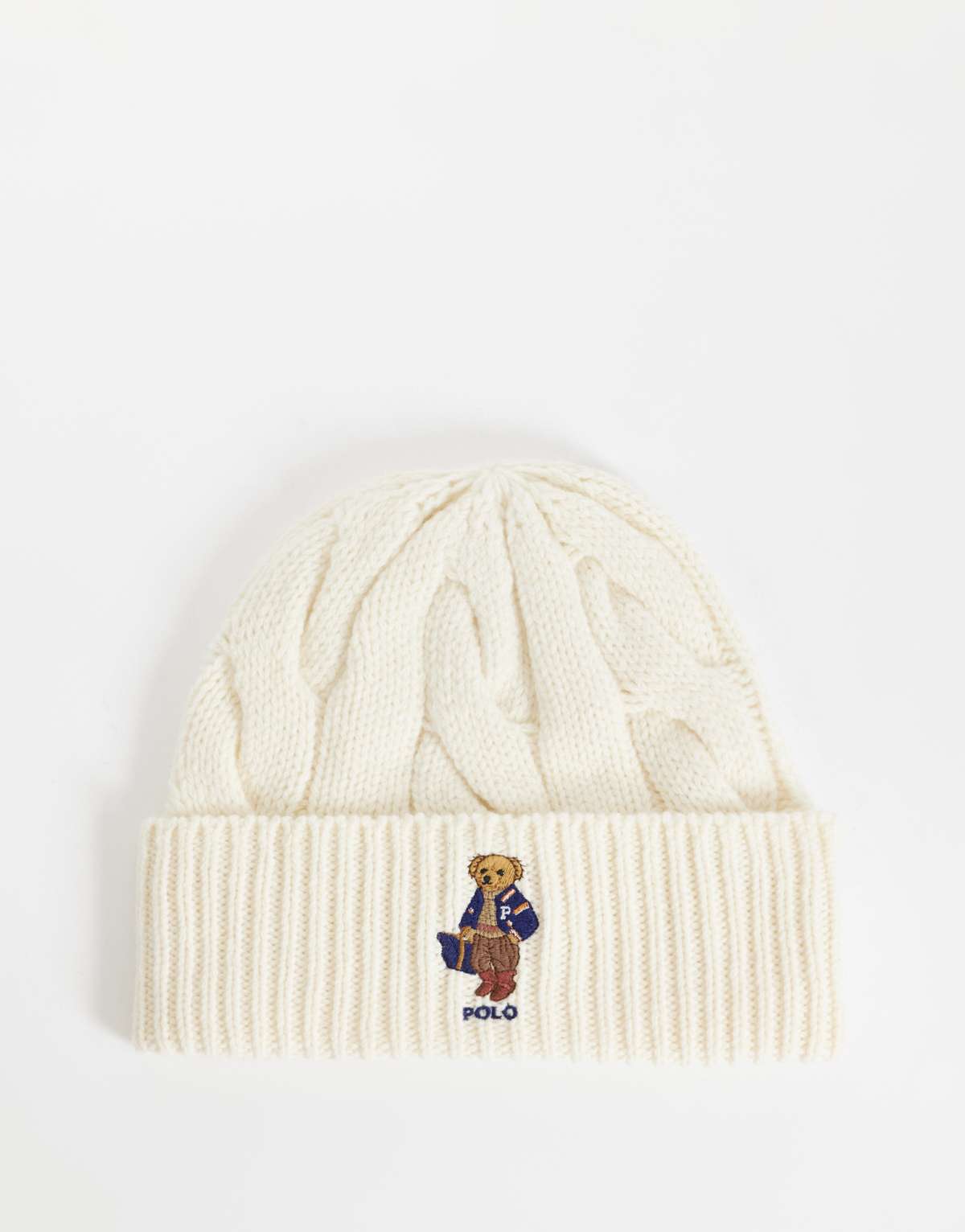 Polo Ralph Lauren Gorro color crema con logo de Polo Bear de punto de ochos