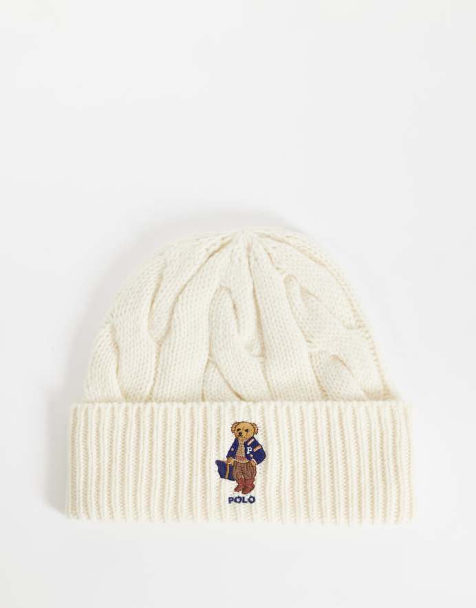 Polo Ralph Lauren Gorro color crema con logo de Polo Bear de punto de ochos
