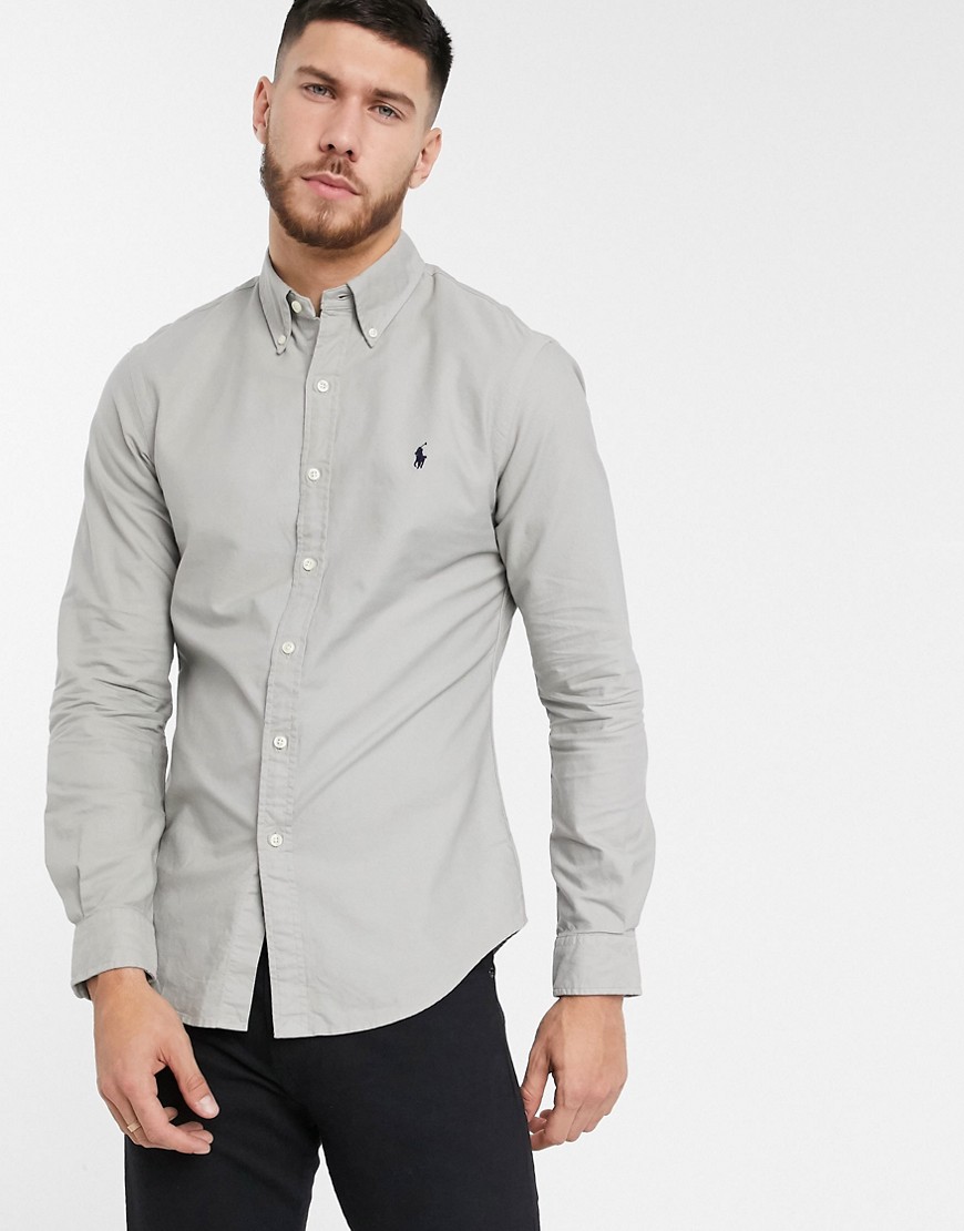 Polo Ralph Lauren – Grå oxfordskjorta med lång ärm, logga och smal passform