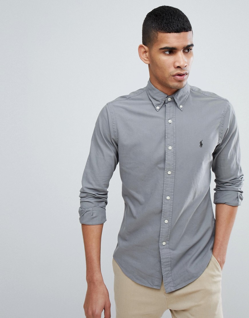Polo Ralph Lauren – Grå plaggfärgad skjorta med polospelare och smal passform