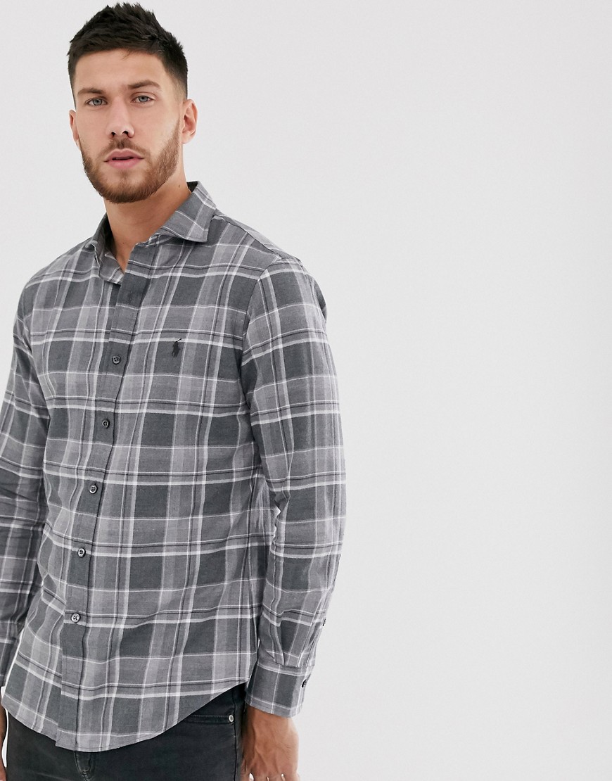 Polo Ralph Lauren – Grå rutig flanellskjorta med smal passform och logga