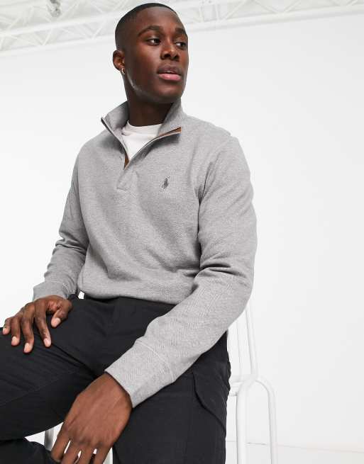 Polo Ralph Lauren – Gråmelerad sweatshirt i dubbelstickad design med kanter i mockaimitation, kort dragkedja och logga