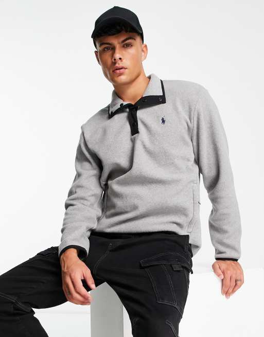 Polo Ralph Lauren – Gråmelerad sweatshirt med logga och kontrasterande knappsprund med tryckknappar