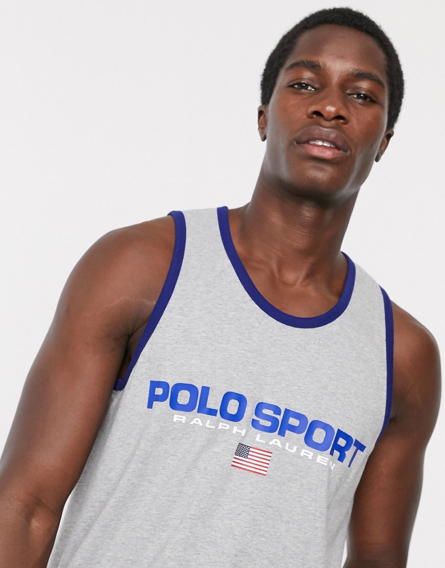 Polo Ralph Lauren – Gråmelerat linne med flagga och sportlogga