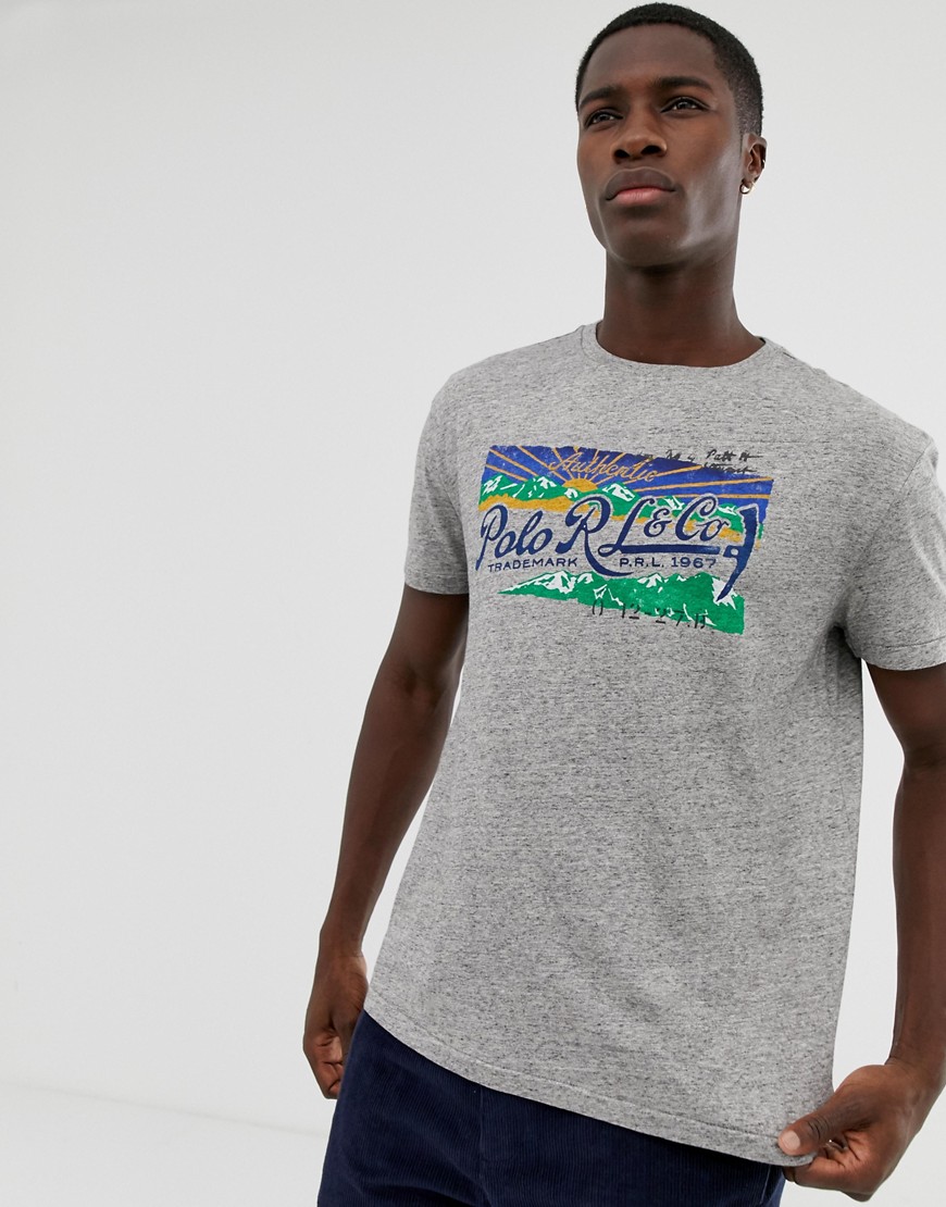 Polo Ralph Lauren — Gråmeleret T-shirt med print med solnedgangs og logo