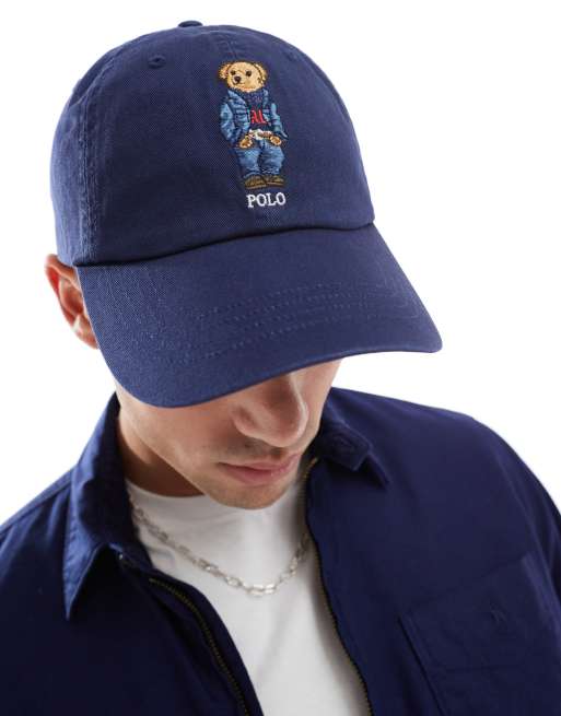 Polo Ralph Lauren – Granatowa baseballowa czapka z diagonalu z daszkiem i logo z misiem