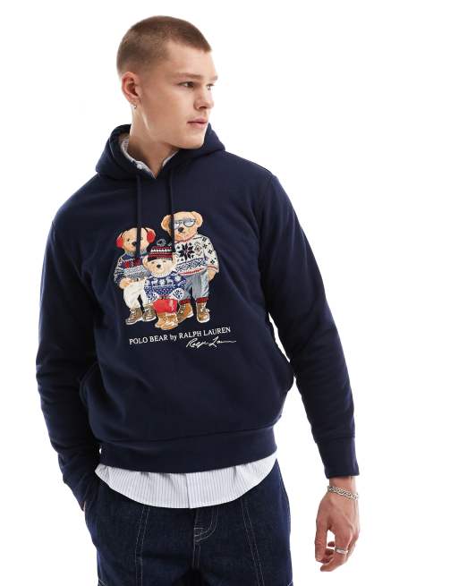 Polo Ralph Lauren – Granatowa bluza polarowa o klasycznym fasonie oversize z kapturem i świątecznym nadrukiem rodziny misiów