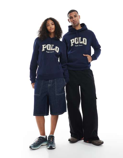 Polo Ralph Lauren – Granatowa bluza z kapturem i dużym logo w uczelnianym stylu na klatce piersiowej