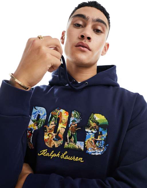 Polo Ralph Lauren – Granatowa bluza z kapturem i logo z kwiatowym motywem z przodu