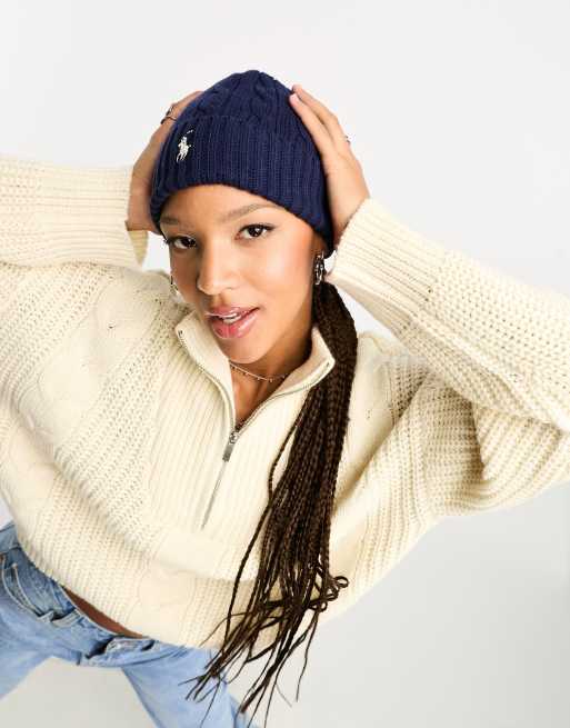 Polo Ralph Lauren – Granatowa czapka beanie o warkoczowym splocie z logo