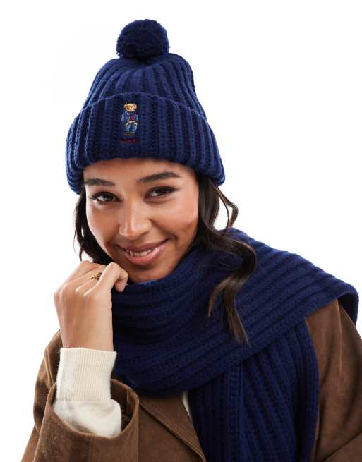 Polo Ralph Lauren – Granatowa czapka dzianinowa z pomponem i logo z misiem