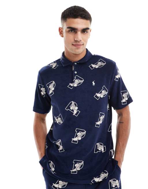 Polo Ralph Lauren – Granatowa klasyczna koszulka polo oversize z tkaniny frotté ze wzorem z literą P ze skrzydłami na całości, część zestawu