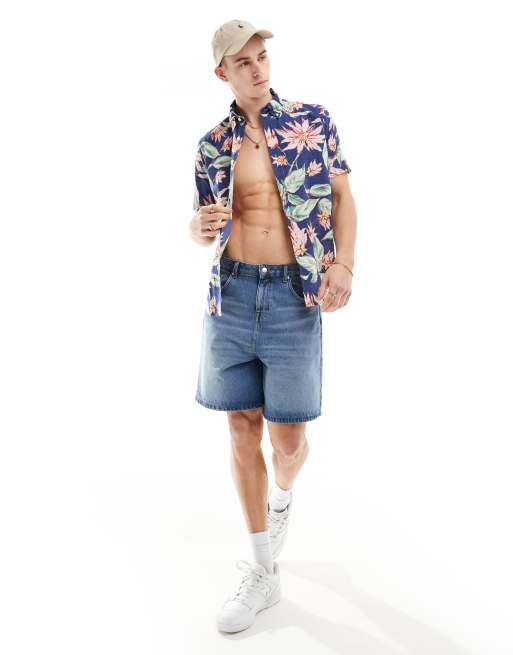 Polo Ralph Lauren – Granatowa koszula oversize z krótkimi rękawami z marszczonego materiału w kwiatowy wzór