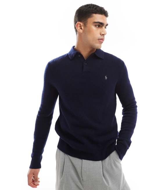 Polo Ralph Lauren – Granatowa koszulka polo z mieszanki bawełny i wełny z długim rękawem i logo