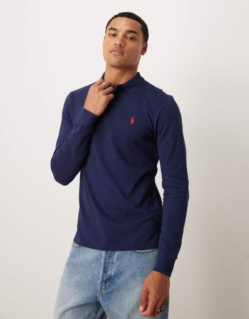 Polo Ralph Lauren – Granatowa koszulka polo z piki o dopasowanym kroju z długimi rękawami i logo