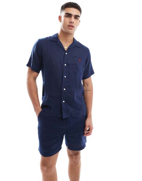 Polo Ralph Lauren icon logo short sleeve revere collar linen shirt classic oversized fit in navy CO-ORD