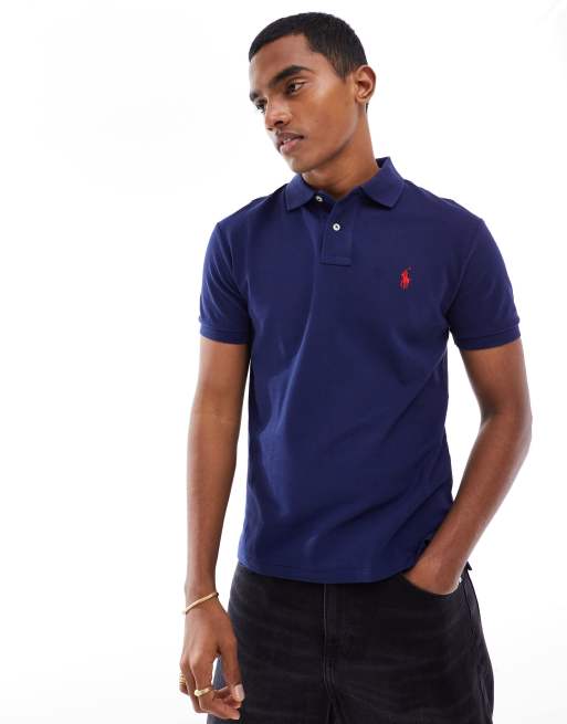 Polo Ralph Lauren – Granatowe dopasowane polo z piki z czerwonym logo gracza i efektem sprania