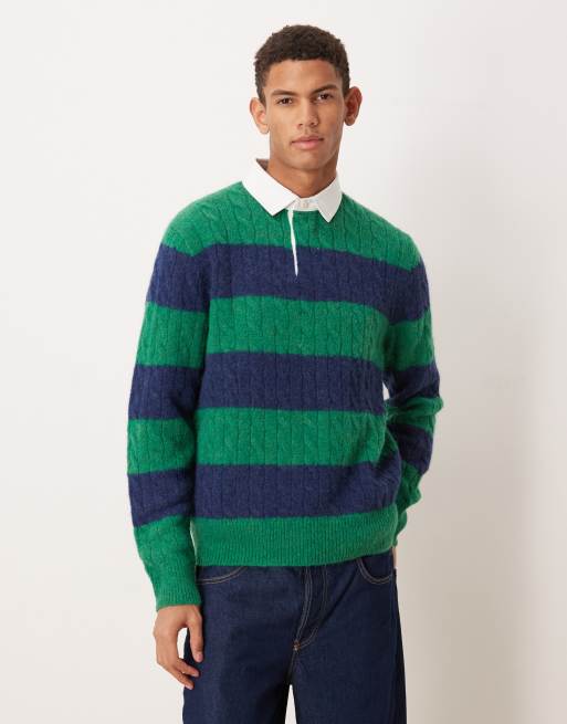 Polo Ralph Lauren – Granatowo-zielona dzianinowa koszula w paski w stylu rugby