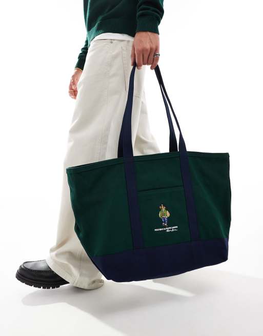 Polo Ralph Lauren – Granatowo-zielona torba typu tote z logo z misiem