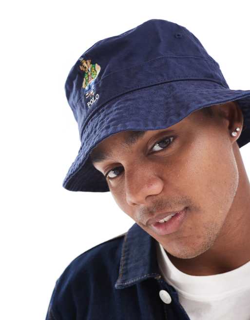 Polo Ralph Lauren – Granatowy kapelusz typu bucket z diagonalu z haftowanym logo z misiem w stylu uczelnianym
