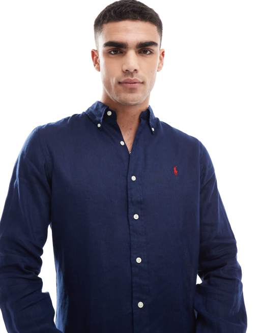 Polo Ralph Lauren – Granatowy lniany T-shirt o dopasowanym kroju z logo