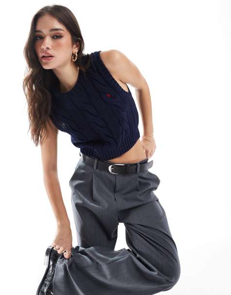 Polo Ralph Lauren cable knit sleeveless jumper with logo in navy - NAVY