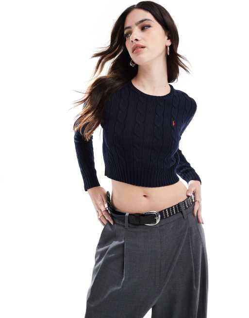 Polo Ralph Lauren – Granatowy sweter o krótkim fasonie z dzianiny o warkoczowym splocie z logo
