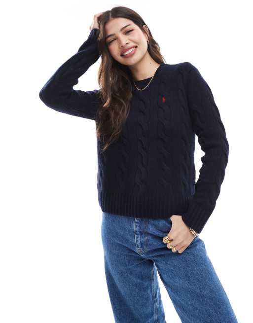 Polo Ralph Lauren – Granatowy sweter z dzianiny o warkoczowym splocie z domieszką wełny