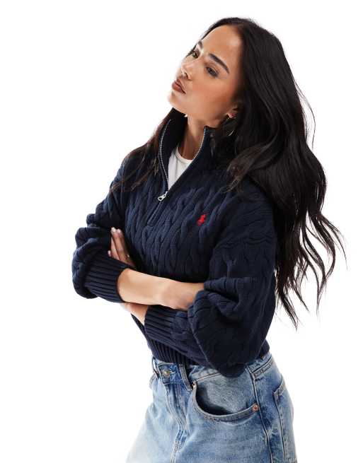 Polo Ralph Lauren – Granatowy sweter z dzianiny o warkoczowym splocie z zamkiem pod szyją i logo