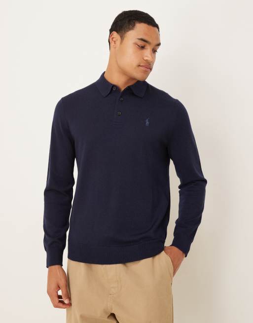 Polo Ralph Lauren – Granatowy sweter z kołnierzykiem polo z wełny merino z logo Icon