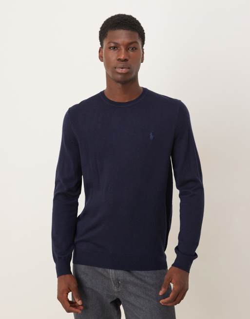 Polo Ralph Lauren – Granatowy sweter z okrągłym dekoltem z wełny merino z logo Icon