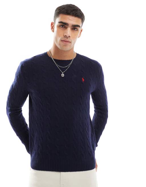 Polo Ralph Lauren – Granatowy sweter z wełnianej dzianiny o warkoczowym splocie z logo
