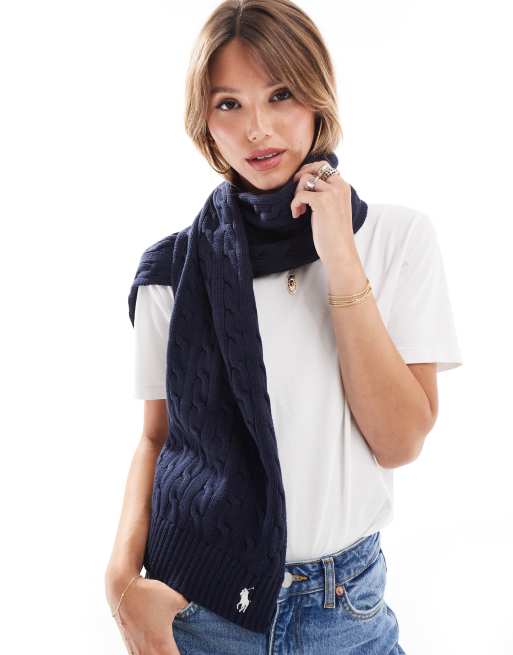 Polo Ralph Lauren – Granatowy szalik z dzianiny o warkoczowym splocie z logo z kucykiem
