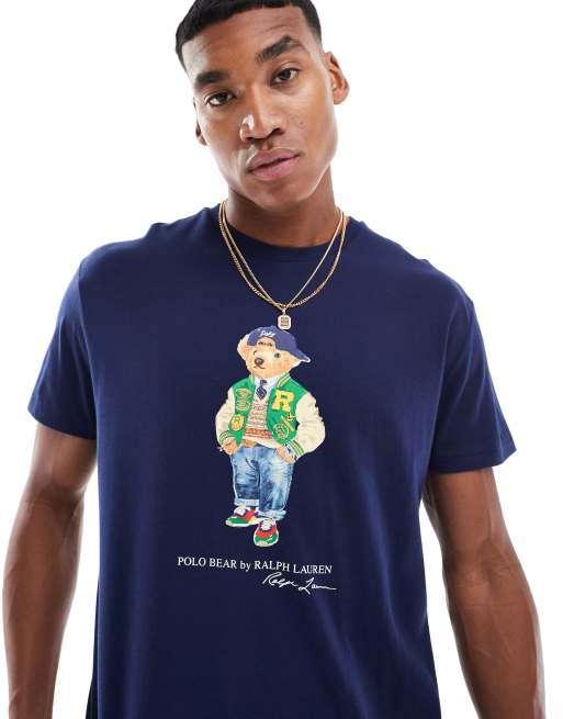 Polo Ralph Lauren – Granatowy T-shirt oversize z nadrukiem misia w stylu uczelnianym