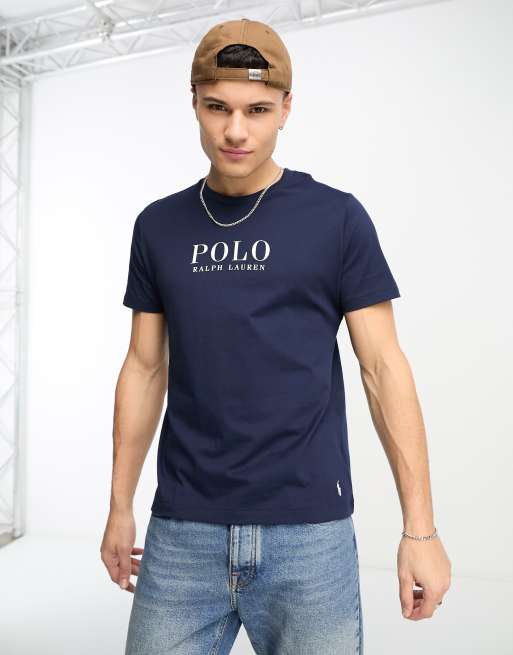 Polo Ralph Lauren – Granatowy T-shirt z napisem z logo na piersi
