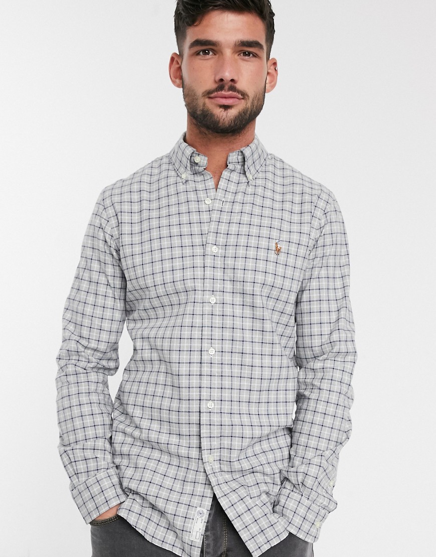 Polo Ralph Lauren – Grårutig oxfordskjorta med logga och smal passform