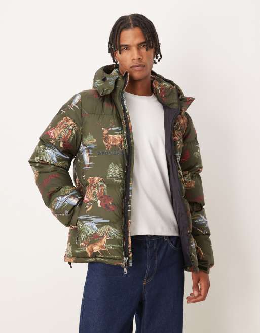 Polo Ralph Lauren - Grhm - Isolerende mørkegrøn dynejakke med ikonlogo og naturprint