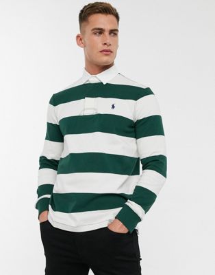 Polo Ralph Lauren - grøn stribet rugby-poloskjorte med lange ærmer og logo