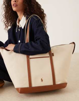 Polo Ralph Lauren - Große Shopper-Tasche aus Canvas in Ecru und Hellbraun-Brown