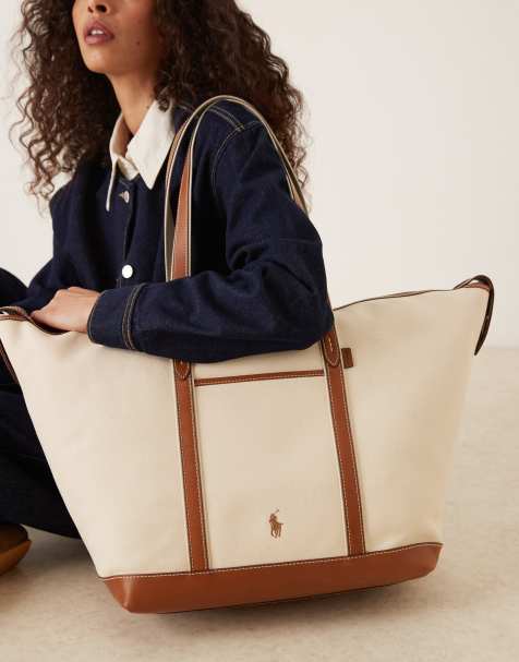 Polo Ralph Lauren – Große Shopper-Tasche aus Canvas in Ecru und Hellbraun - view 1