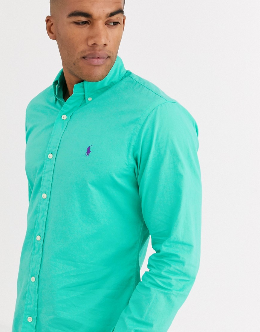 Polo Ralph Lauren – Grön, färgad skjorta med spelarelogga, button down-krage och smal passform