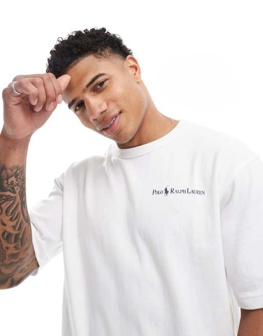 Polo Ralph Lauren – Gruby biały T-shirt o luźnym kroju z napisem z logo