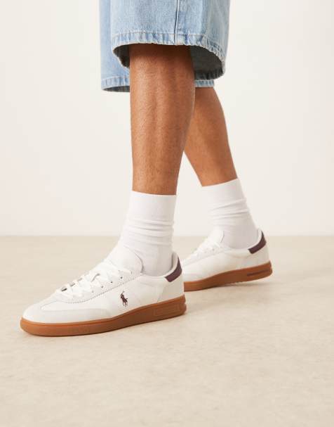 Polo Ralph Lauren gumsole leather trainers in white and burgundy - view 1