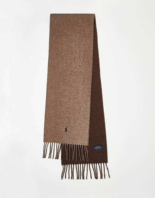 udtale Moske brysomme Polo Ralph Lauren - Gyldenbrunt/brunt vendbart tørklæde i uldblanding med  ponylogo | ASOS
