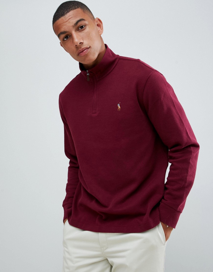 Polo Ralph Lauren half zip cotton knit jumper with multi player logo in burgundy-Red